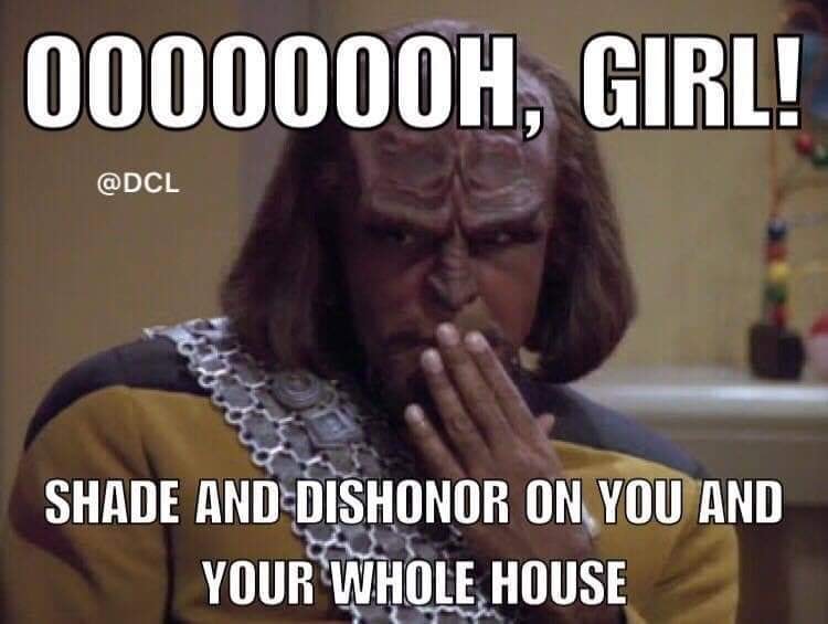 This meme is a humorous image of a Klingon character from the Star Trek franchise, specifically Worf, with a shocked and offended expression. The text overlay reads "Oooh, I'm going to go ahead and assume you're referring to my lack of... [pausing for comedic effect] ...fashion sense. Oooh, I'm going to go ahead and assume you're referring to my lack of... [pausing for comedic effect] ...fashion sense."